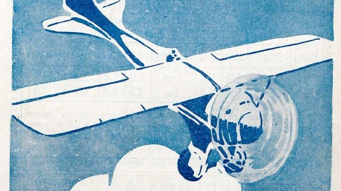 Plakat z samolotem na niebieskim tle, na dole nazwa spółki i numer telefonu, na górze biało-czerwona wstęga