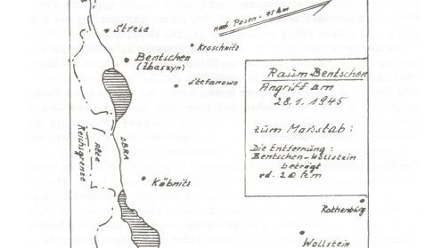 Mapa okolic Zbąszynia i Nowego Tomyśla z niemieckimi nazwami miejscowości, wyrysowane strzałki wskazują kierunki ataków
