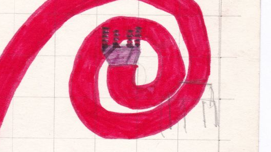 Ręczny rysunek przedtsawiający czerwony, zwinięty kształt w środku i wykres w tle.