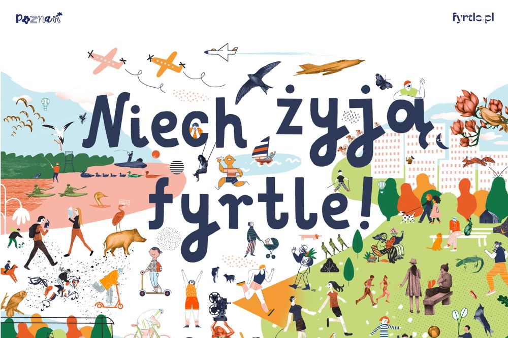 Plakat złożony z kolorowych ilustracji przedstawiających różne poznańskie osiedla. Przechadzają się po nich różne postacie, niektóre biegają, jeżdżą na rowerach lub hulajnogach, siedzą na ławkach. - grafika artykułu