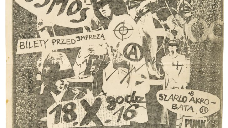 Czarno-biały plakat z wizerunkami ludzi z zasłoniętymi oczami i symbolami anarchistycznymi.