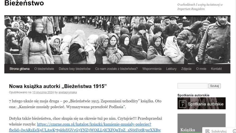 PrintScreen strony internetowej. U góry czarno-białe, historyczne zdjęcie grupy ludzi, głównie wiejskich dzieci w chustach na głowie.